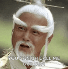 a man with white hair and a beard is saying you can uh call me dumsum .