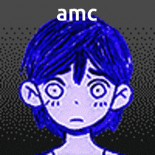 a pixel art drawing of a girl with blue hair and the words amc on the bottom