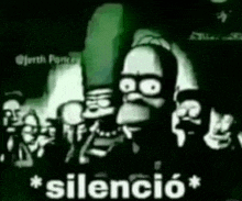 a group of cartoon characters standing next to each other with the word silencio written in white letters