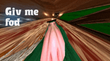 a computer generated image of a bowling alley with the words give me fod written above it