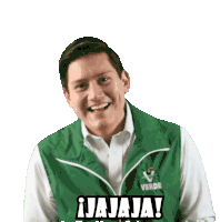 a man wearing a green vest that says verde is laughing