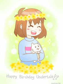 a drawing of a girl holding a cat with the words happy birthday undertale on the bottom