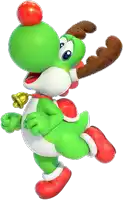 a green yoshi with a reindeer antlers and a bell on his neck