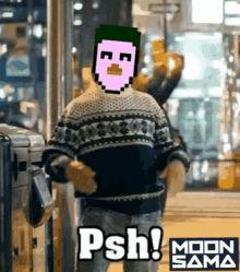 a man in a sweater with a pixelated face on his head is dancing and saying psh !