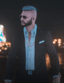 a man with blue hair and a beard is wearing sunglasses and a suit