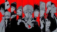 a group of anime characters are standing next to each other in front of a red background .