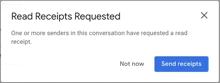 a popup window that says read receipts requested and a button to send receipts