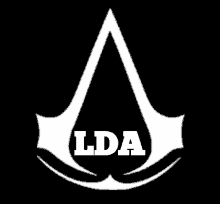 a white assassin 's creed logo with the letters lda on a black background