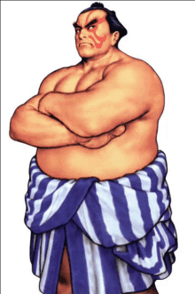 a sumo wrestler with his arms crossed is wearing a blue and white striped shirt