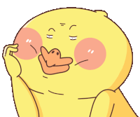 a cartoon of a yellow duck with pink cheeks and a hand on its face