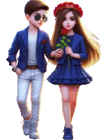 a boy and a girl are standing next to each other and the girl is holding a rose with the letter a.c on her head