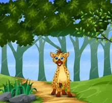 a cartoon hyena standing on a path in the woods