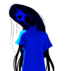 a person with long black hair is wearing a blue shirt and has a blue eye on their head .