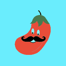 a cartoon tomato with a mustache and a smile on its face