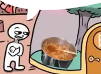 a cartoon of a man standing next to a pot of food