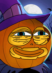 a cartoon of a pumpkin with a witch hat on