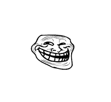 a black and white drawing of a troll face with a big smile on it .