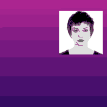 a black and white photo of a woman 's face with a purple background