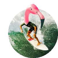 a man riding a wave on a surfboard with an inflatable flamingo head