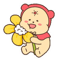 a cartoon bear is holding a yellow flower