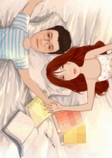 a cartoon of a man and a woman laying on a bed