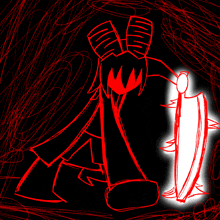 a red and black drawing of a monster with a white outline