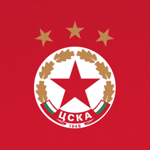 a red and white emblem with a red star in the center and the year 1948