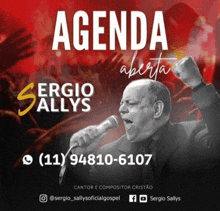 a poster for sergio allys shows a man holding a microphone