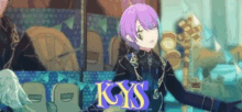 a purple haired anime character is standing in front of a window with a sign that says igys .