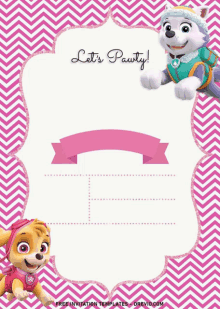 a pink and white paw patrol birthday invitation with skye and everest on it