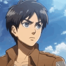 eren yeager from attack on titan is wearing a brown uniform and looking at the camera with a blue sky in the background .