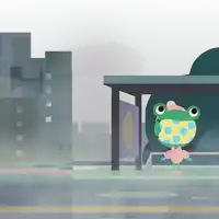 an illustration of a frog wearing a polka dot jacket waiting at a bus stop