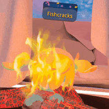 a video game character is on fire with a fishcracks sign above it