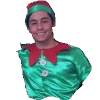 a man in a green elf costume is smiling for the camera