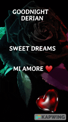 a black rose with the words goodnight derian sweet dreams mi amore written on it