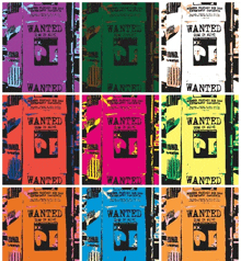 a collage of colorful wanted posters on a wall