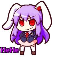 a cartoon of a girl with purple hair and red eyes with the word " he he " below her