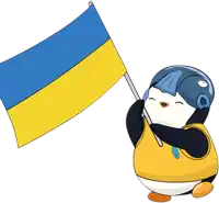 a penguin wearing a helmet holds a yellow and blue flag