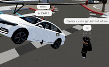 a white car with a speech bubble that says " what a car "