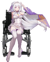 a girl in a white dress is sitting in a wheelchair with a fan