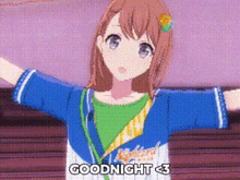 a girl in a baseball uniform is standing with her arms outstretched and says goodnight