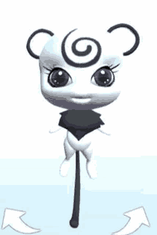 a white cartoon character with purple eyes and a black swirl on his head is standing on a stick .