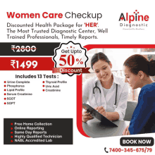 an advertisement for alpine diagnostics shows a doctor talking to a woman