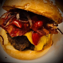 a close up of a hamburger with cheese bacon and onions