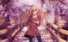 a girl with long pink hair is standing on a bridge with flowers in the background