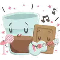 a cartoon illustration of a cup of coffee holding a microphone and a cookie holding a guitar