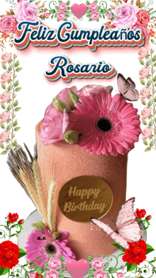 a birthday card for rosario with flowers and butterflies on it