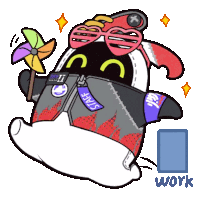 a cartoon drawing of a penguin with sunglasses and a pinwheel and the word work underneath it