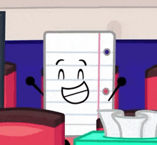 a cartoon drawing of a notebook with a face and arms is smiling .