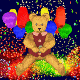 a teddy bear is holding a fork in front of a bunch of balloons